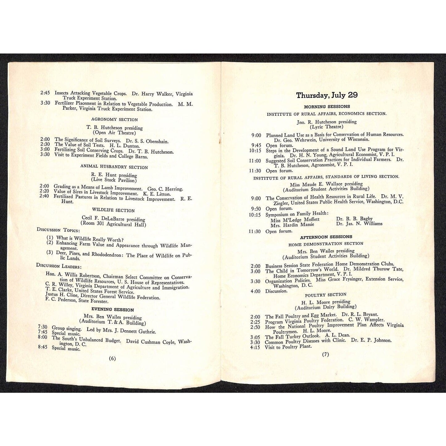Blacksburg, VA 1937 Institute of Rural Affairs Announcement Program 8pp