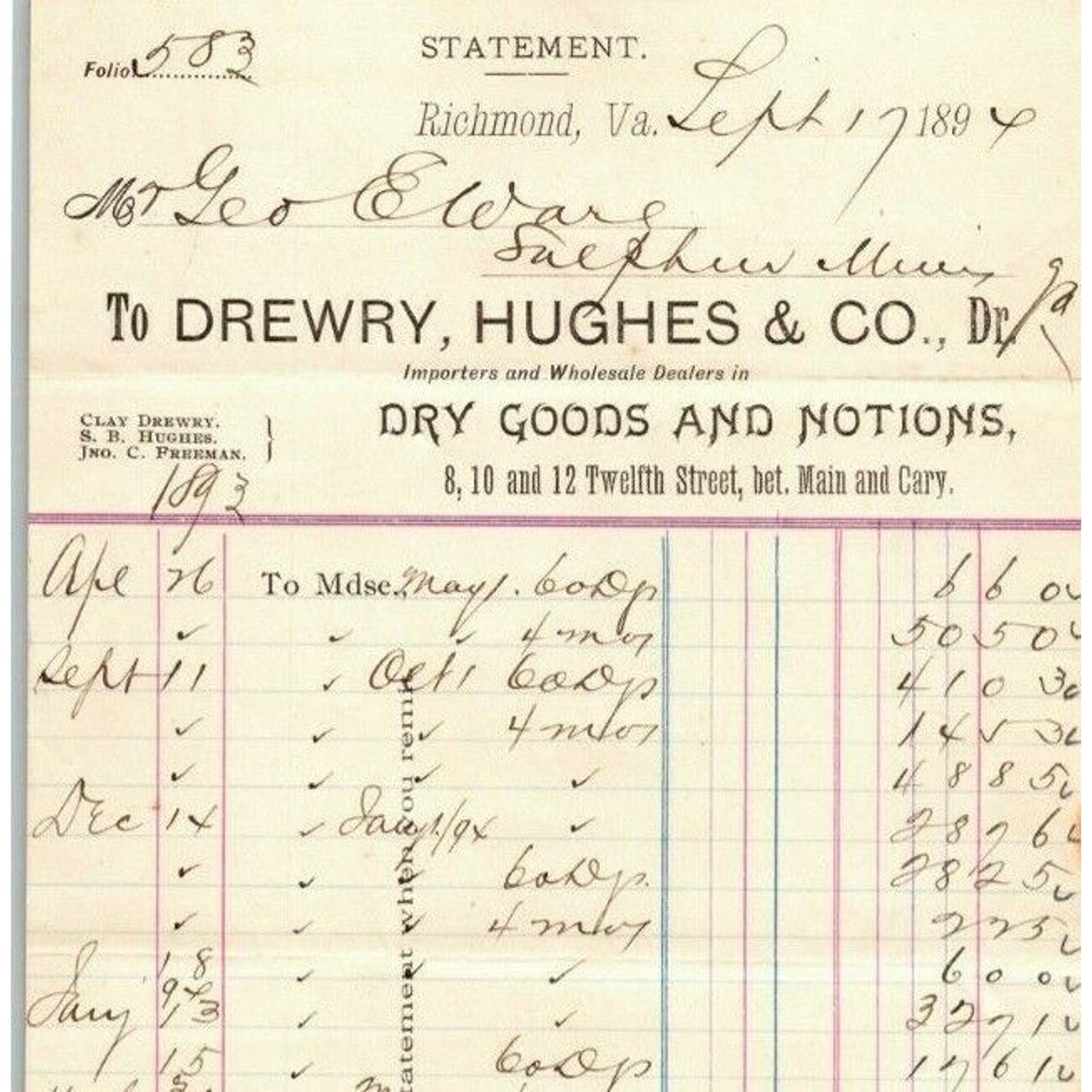 Drewry, Hughes & Co. Dry Goods Letterhead Richmond, VA to Geo. E. Wear 1897