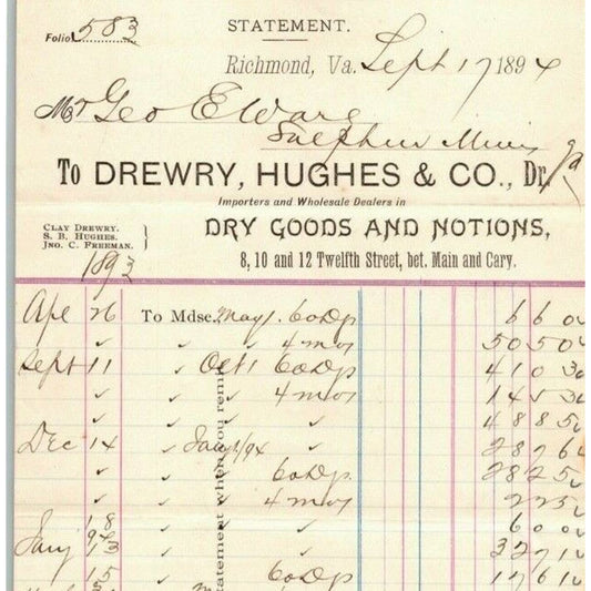 Drewry, Hughes & Co. Dry Goods Letterhead Richmond, VA to Geo. E. Wear 1897