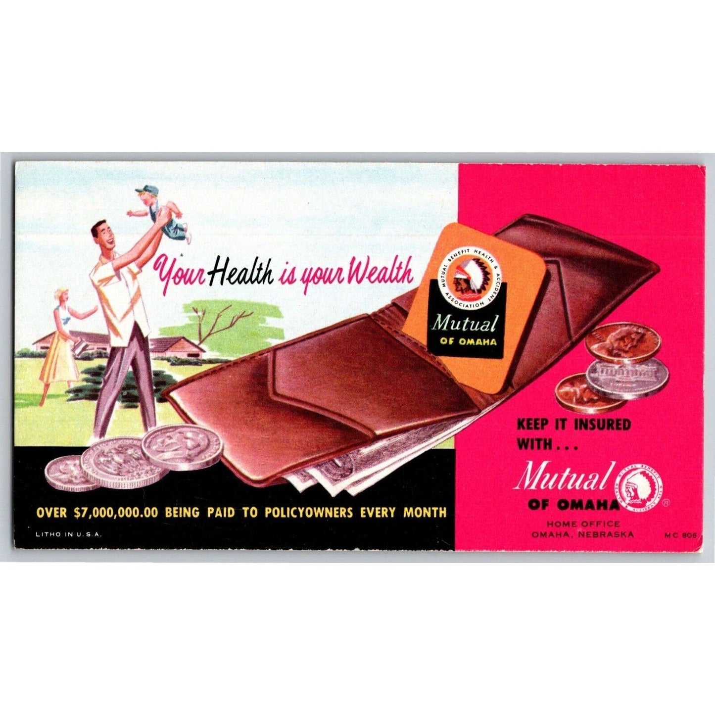 Mutual of Omaha Ink Blotter c1950's-60's Insurance Wallet Family Home