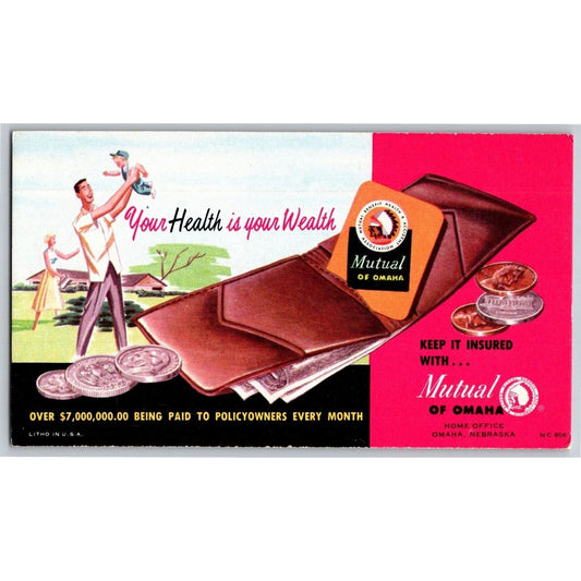 Mutual of Omaha Ink Blotter c1950's-60's Insurance Wallet Family Home