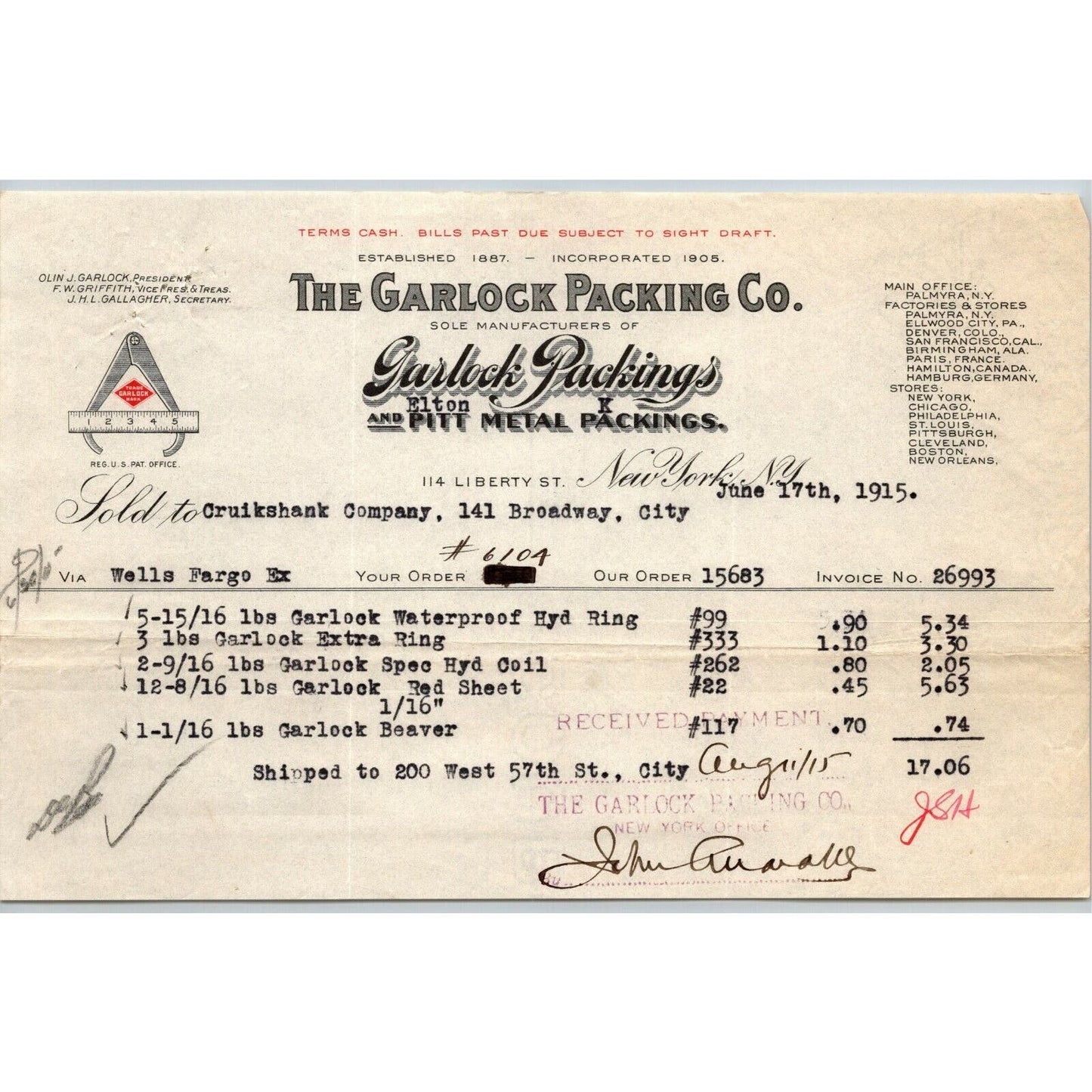 1915 "The Garlock Packing Co." Metal Billhead Letterhead - 114 Liberty St. NYC