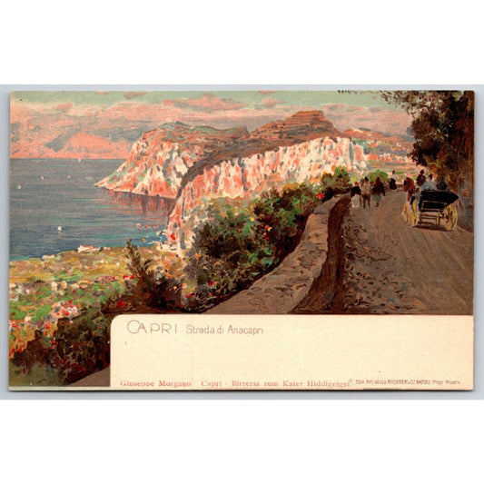 Italian Postcard Capri "Street of Anacapri" People & Carriage Cliffs c1901-1907