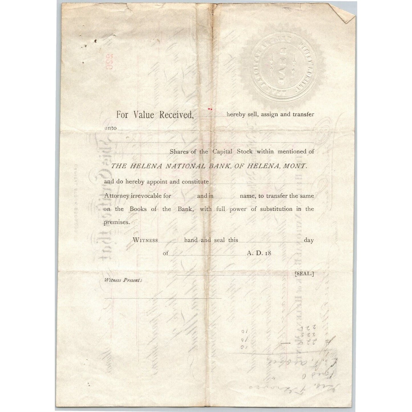 Helena National Bank, Montana 1891 Stock Certificate Cert# 226 for 10 Shares