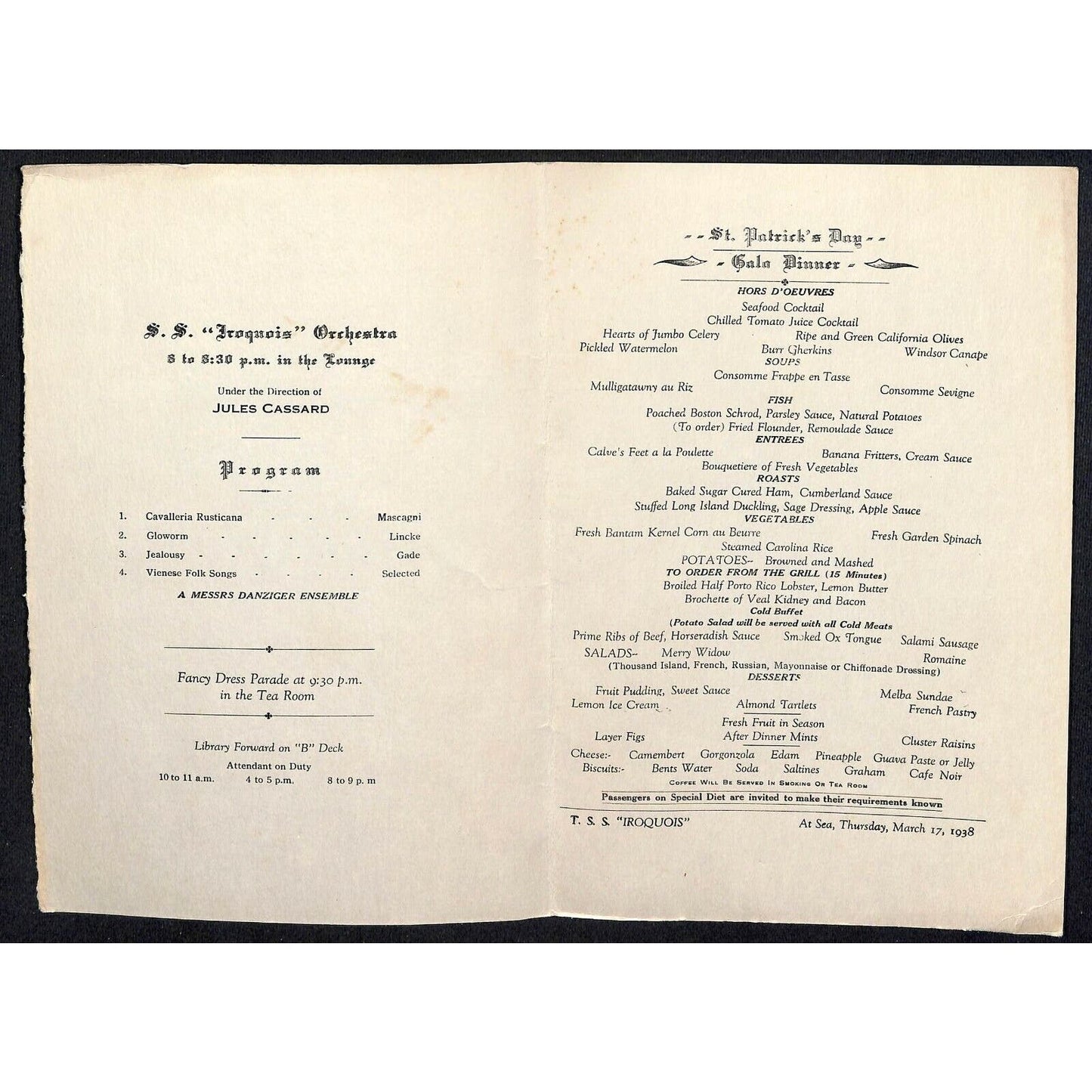 1938 Clyde-Mallory Iroquois Cruise Line St. Patrick's Day Dinner Menu Thu Mar 17