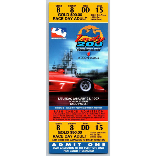 1997 Indy 200 Walt Disney World Saturday 1/25 Race Day Unused Ticket - Seat 15