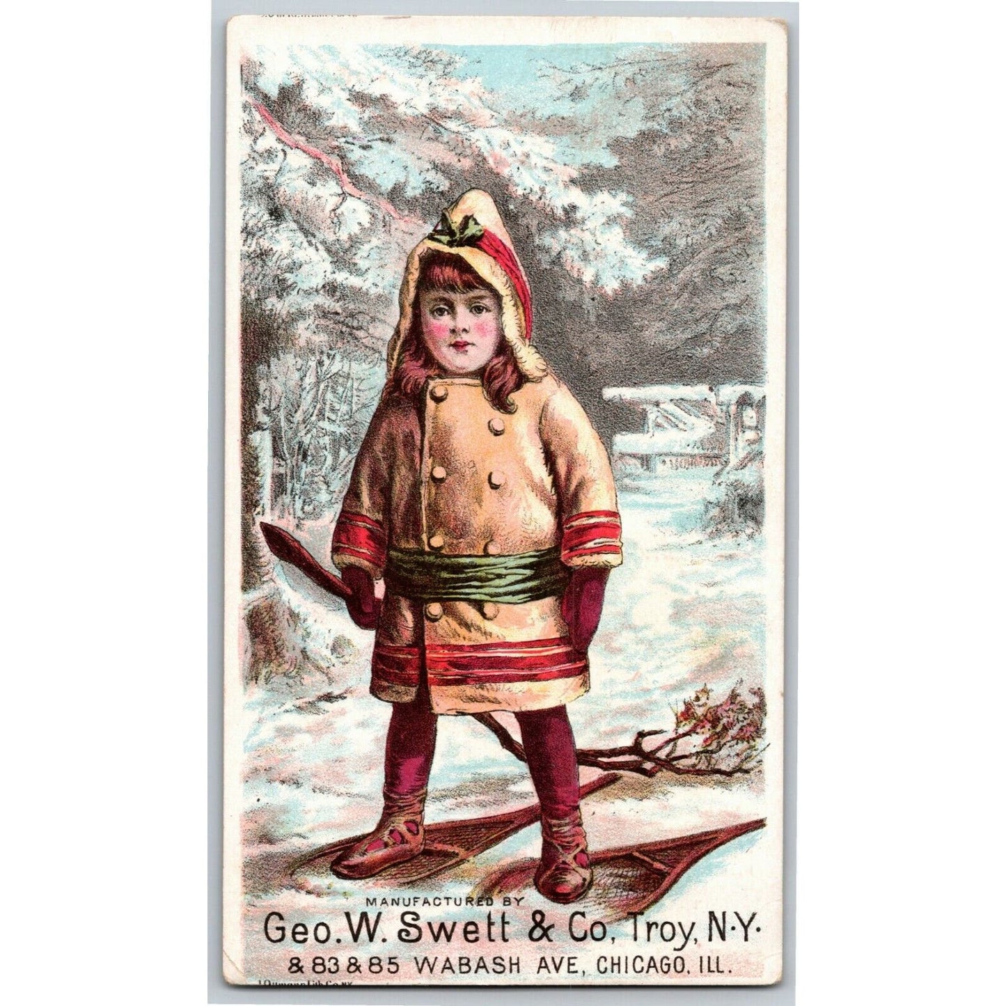 Victorian Trade Card - Pullman Range Poughkeepsie, NY Girl w/ Wicker Snowshoes