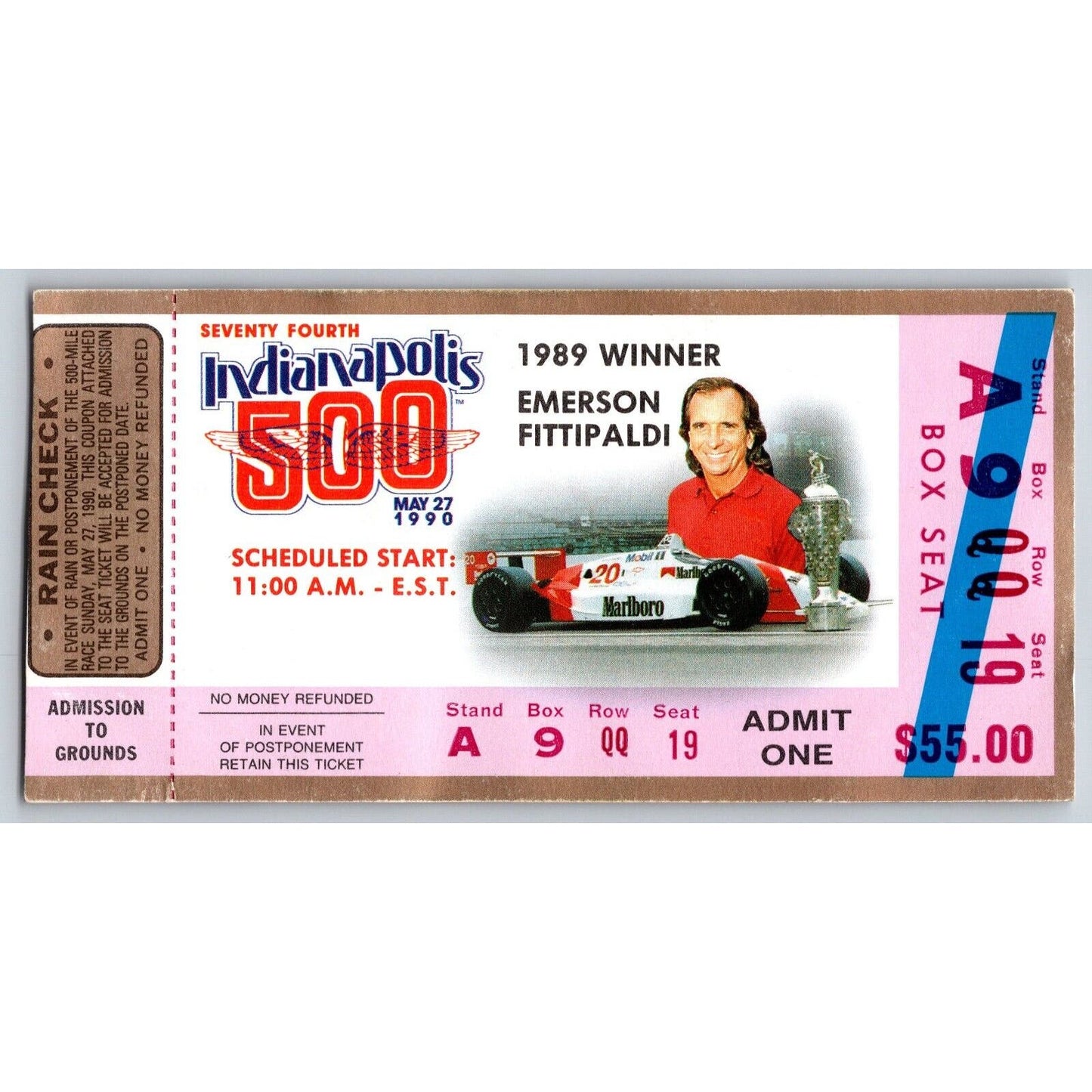 1990 Indianapolis 500 Ticket Stub Racing IMS Emerson Fittipaldi - seat 19