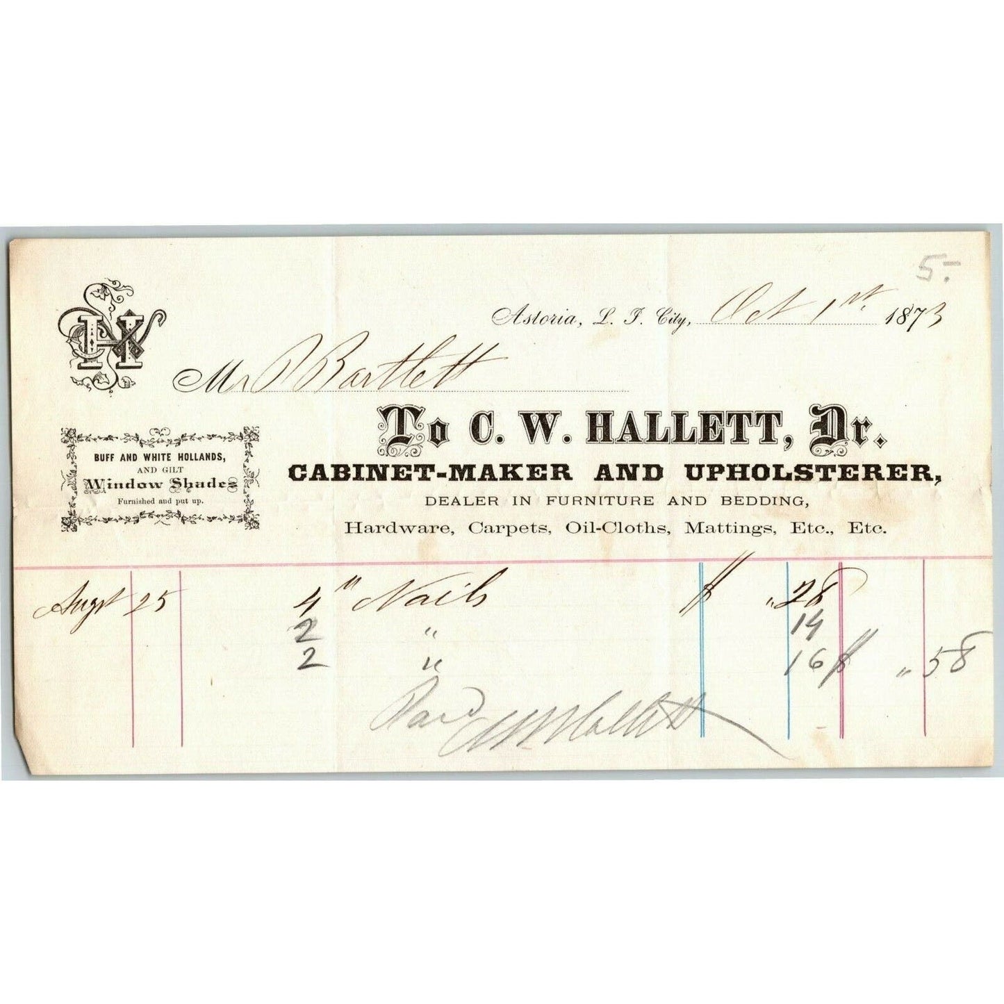 Astoria, L.I. City, NY Billhead Letterhead 1873 C.W. Hallett Cabinet Maker