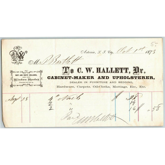 Astoria, L.I. City, NY Billhead Letterhead 1873 C.W. Hallett Cabinet Maker