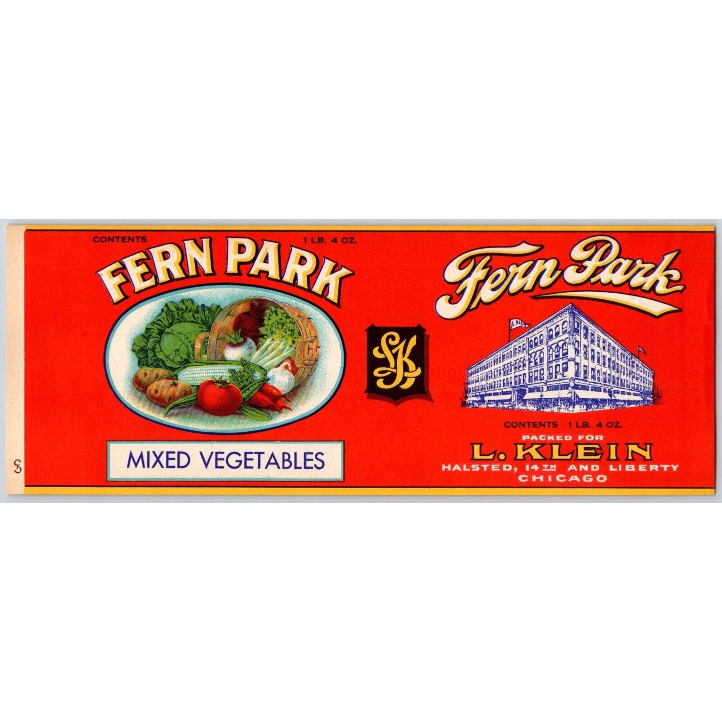 Fern Park Mixed Vegetables Paper Can Label L. Klein Chicago c1930's-40's VGC