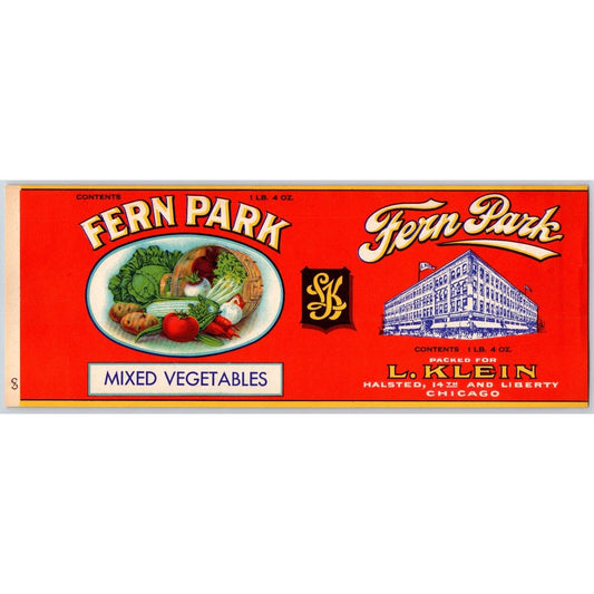 Fern Park Mixed Vegetables Paper Can Label L. Klein Chicago c1930's-40's VGC