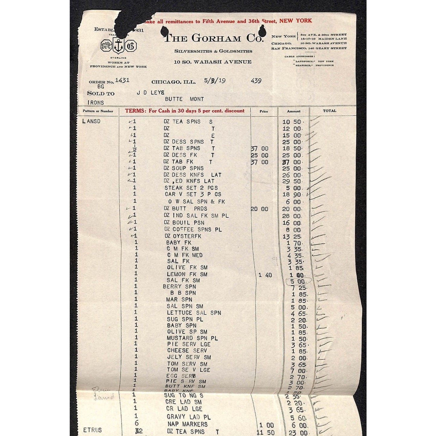 Gorham Co Silversmiths to "Leys" Jewelers Butte, MT 1919 Billhead Very Long List