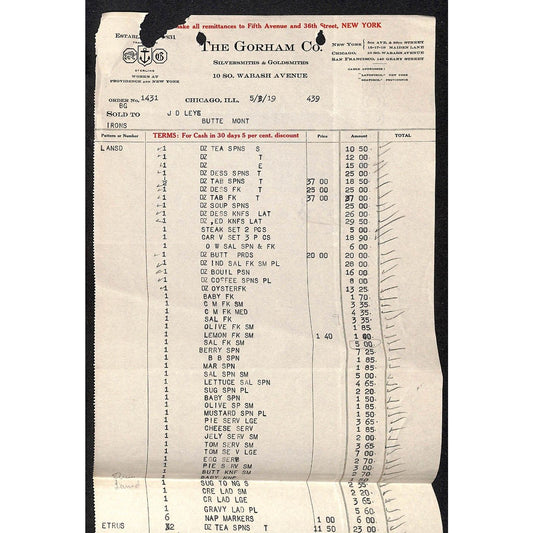 Gorham Co Silversmiths to "Leys" Jewelers Butte, MT 1919 Billhead Very Long List