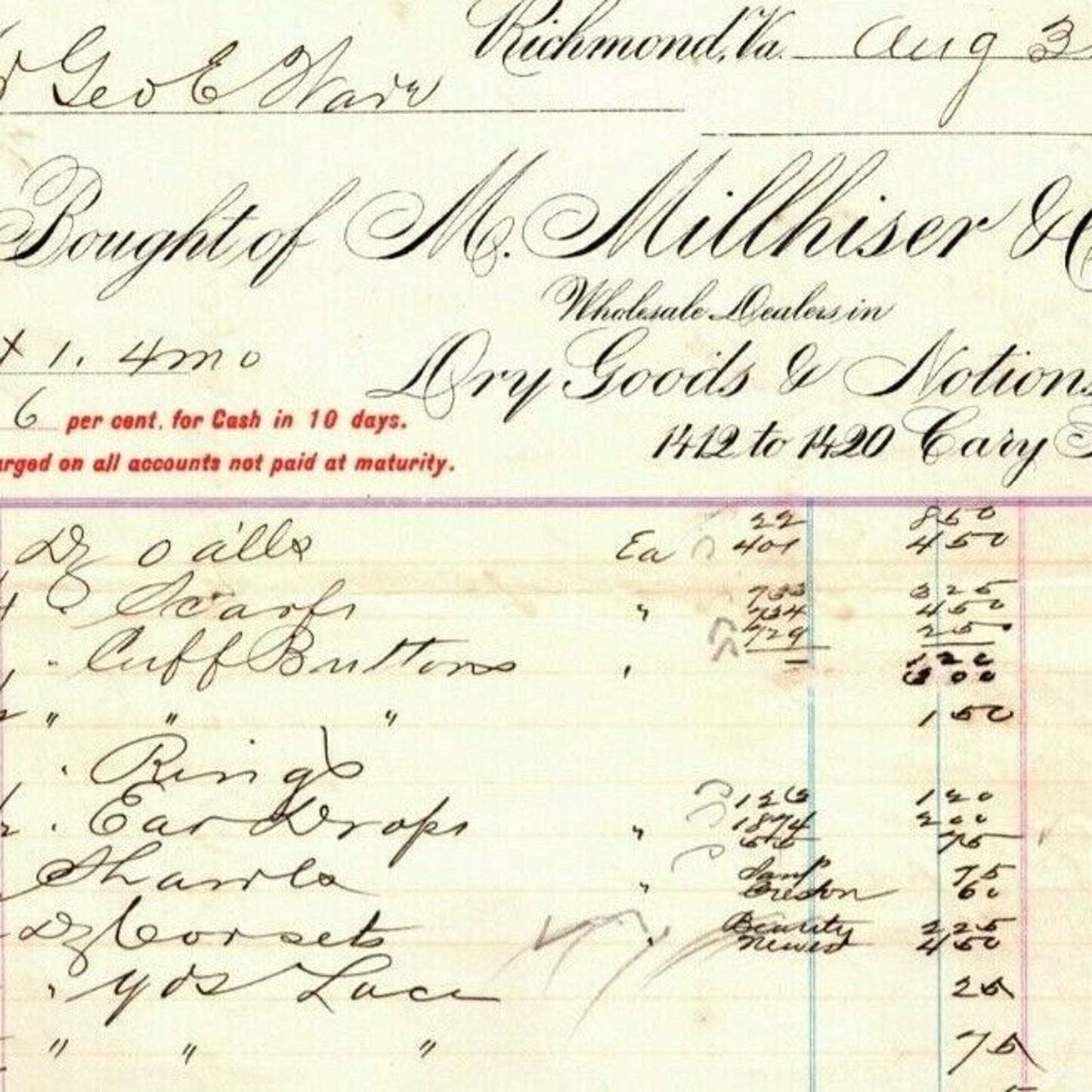 M. Millhiser Dry Goods Notions Richmond, VA Letterhead o Geo. E. Wear 1892