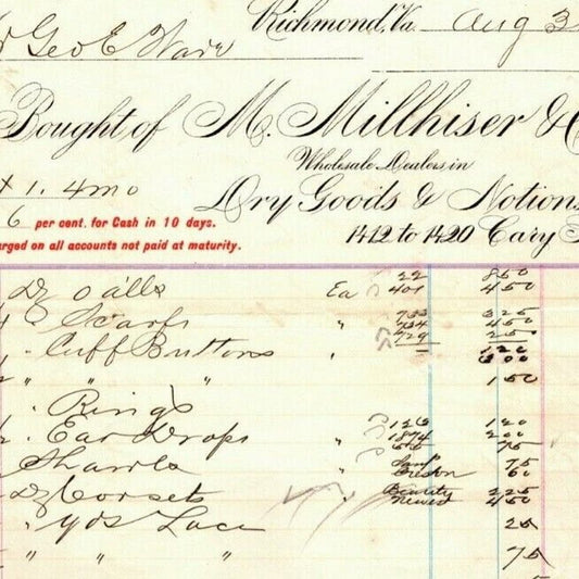 M. Millhiser Dry Goods Notions Richmond, VA Letterhead o Geo. E. Wear 1892