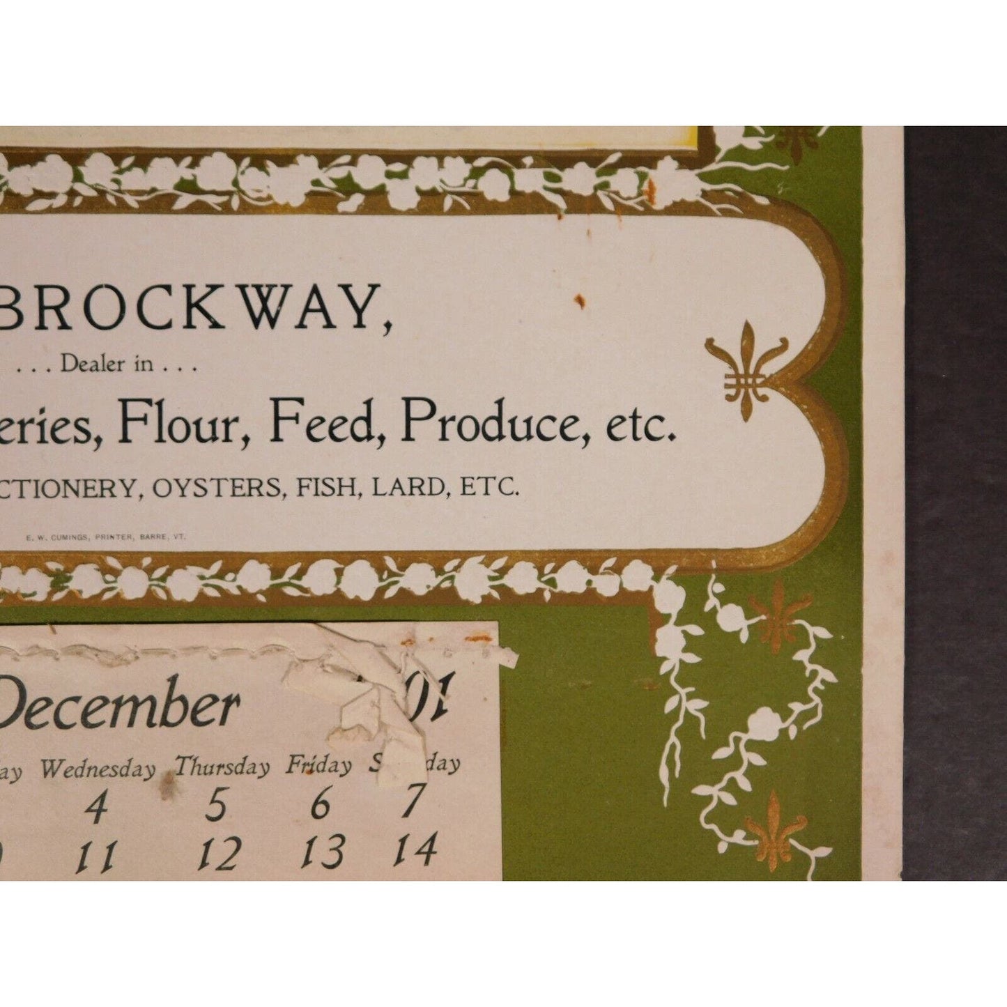 J. B. Brockway Groceries Flour..Oysters Lard 1901 Calendar Vermont