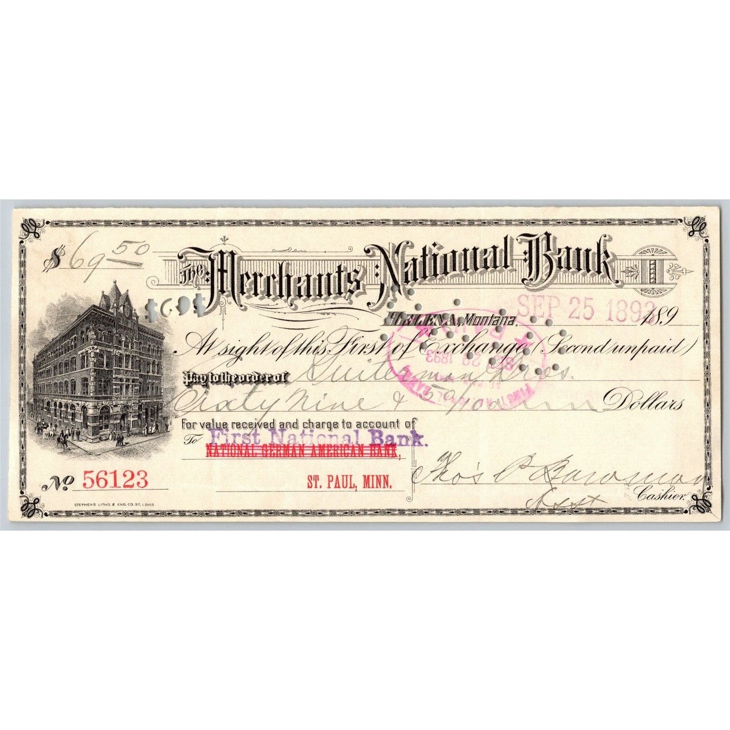 Helena Montana Merchants National Bank Check 1893 First St. Paul, MN w/ Vignette
