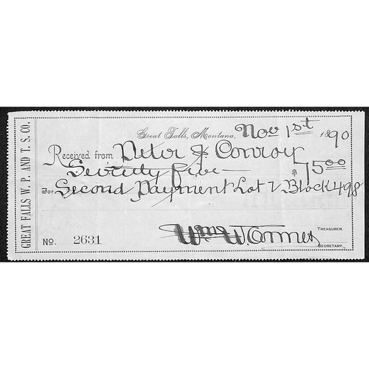 Great Falls Water & Power 1890 Payment Receipt - Nice Hand Writing