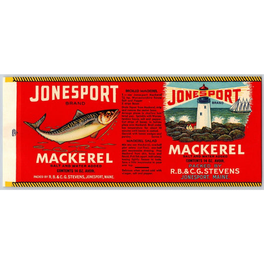 Jonesport Mackerel Paper Can Label Maine Lighthouse c1940's-50's VGC