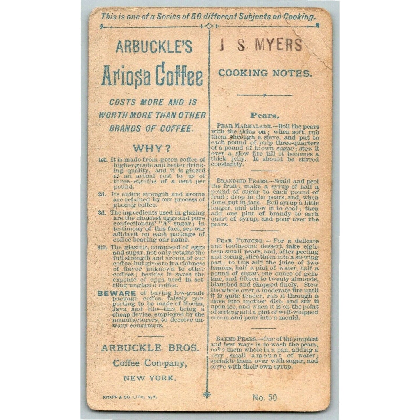 Victorian Trade Card - Arbuckle's Ariosa Coffee - Pear Halves w/ Cooking Notes