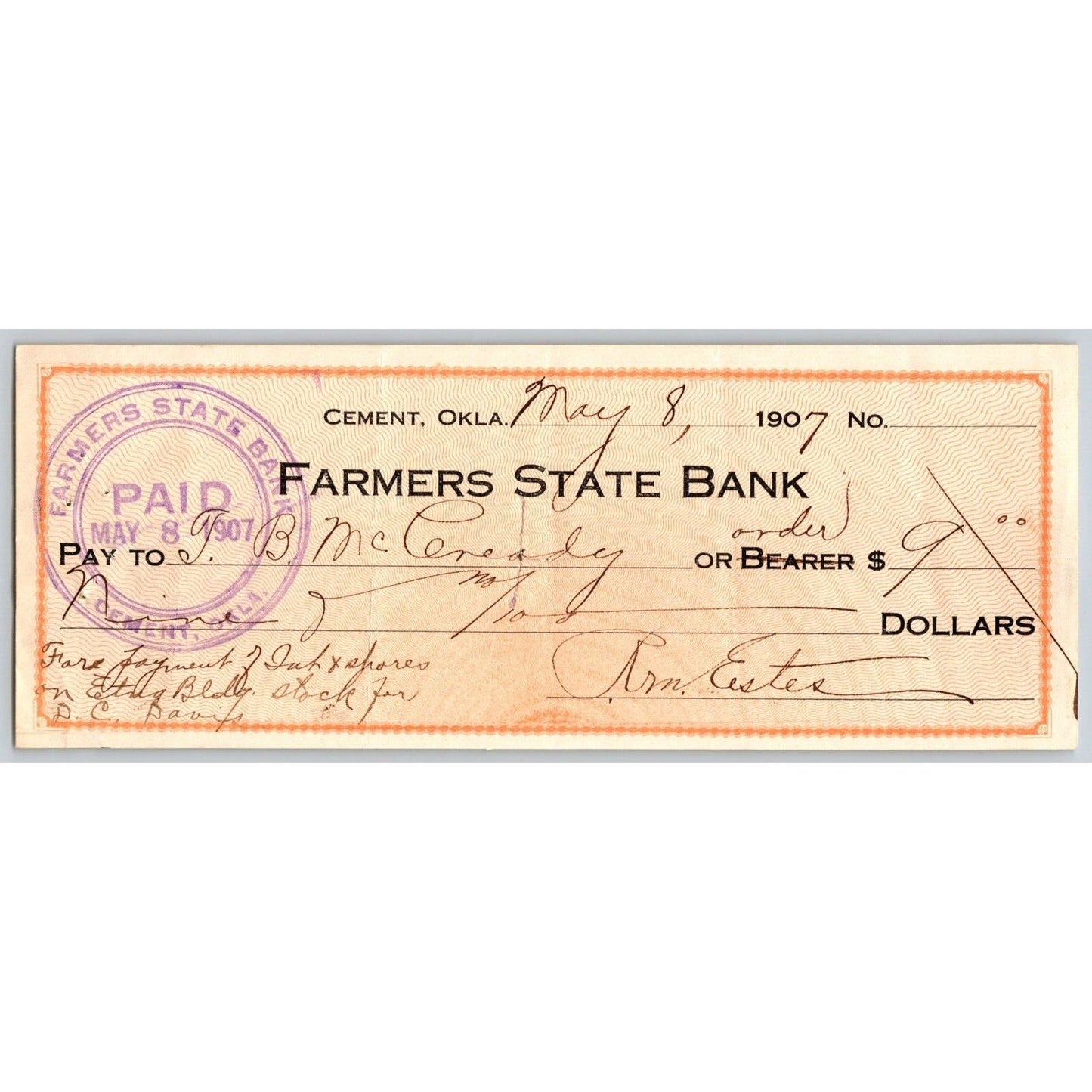 Cement, OK 1907 Territorial $9 Farmers State Bank Check - Scarce