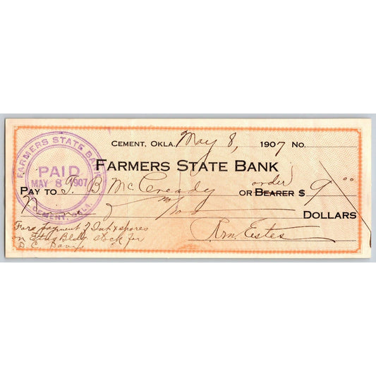 Cement, OK 1907 Territorial $9 Farmers State Bank Check - Scarce