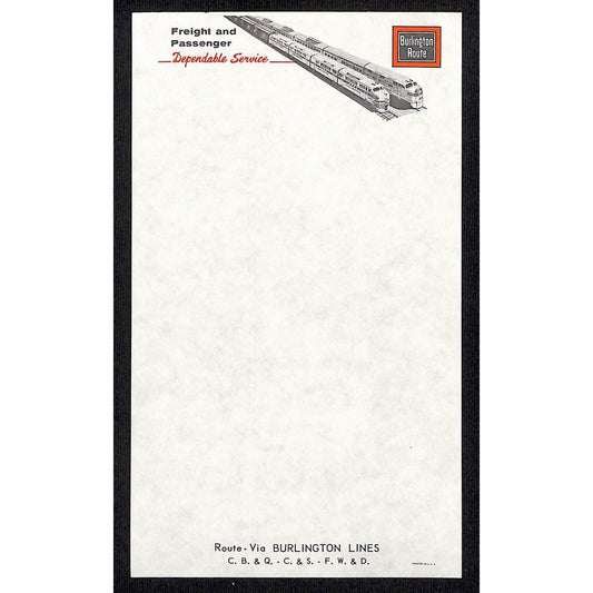 Burlington Route "Freight and Passenger" Railroad Stationary Sheet
