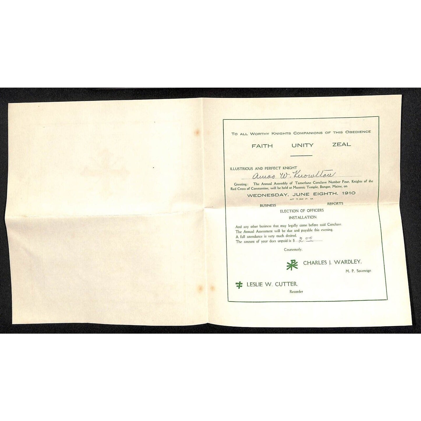 Newburgh ME Amos W. Knowlton* 1910 Bangor Order of the Red Cross of Constantine