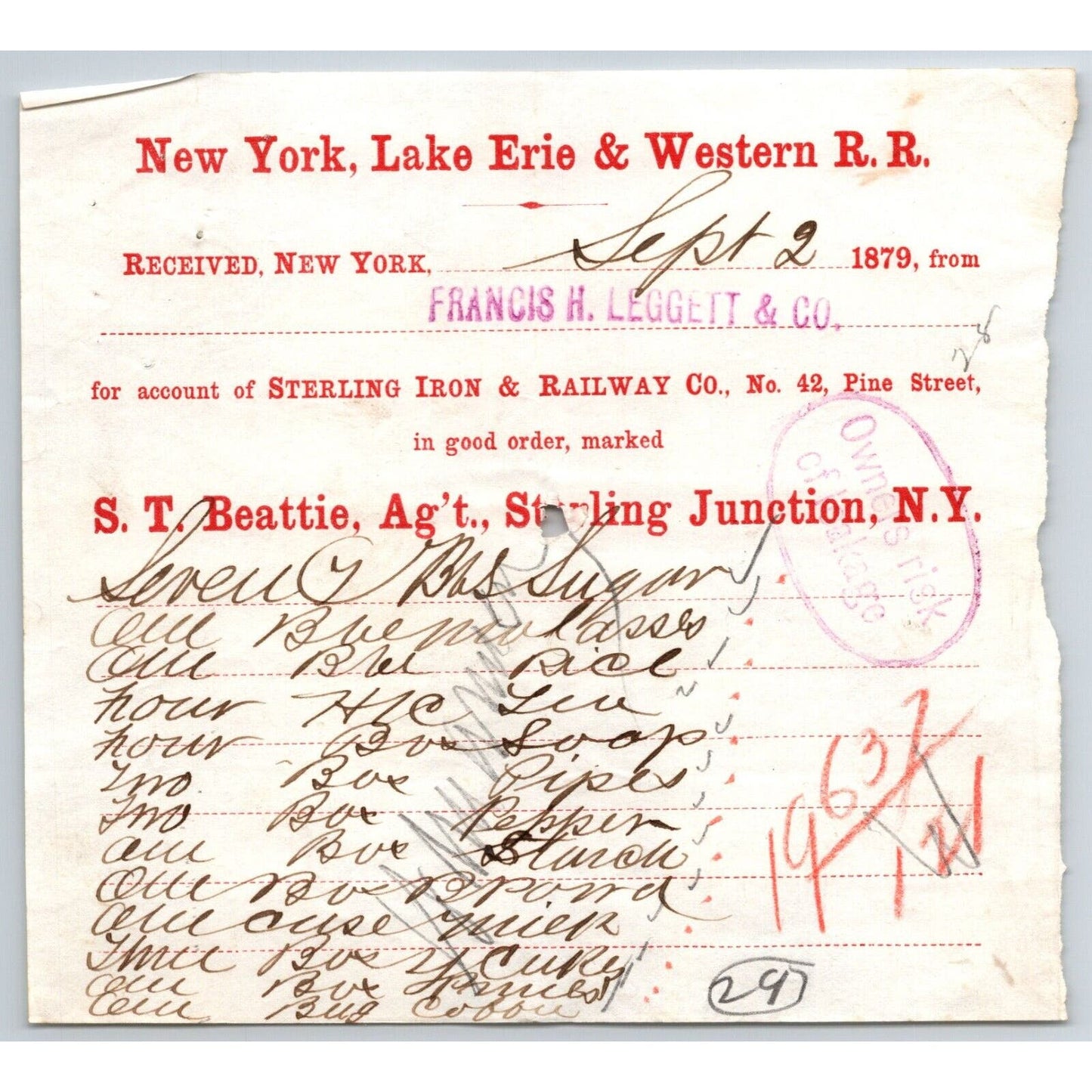 New York, Lake Erie & Western R.R. 1879 Railroad Freight Billhead Leggett & Co.