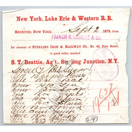 New York, Lake Erie & Western R.R. 1879 Railroad Freight Billhead Leggett & Co.