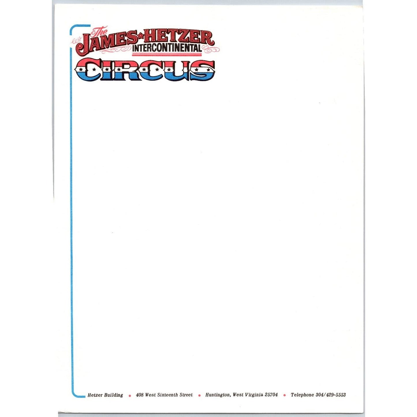 James Hetzer Intercontinental Circus Letterhead c1982 Huntington, WV Scarce