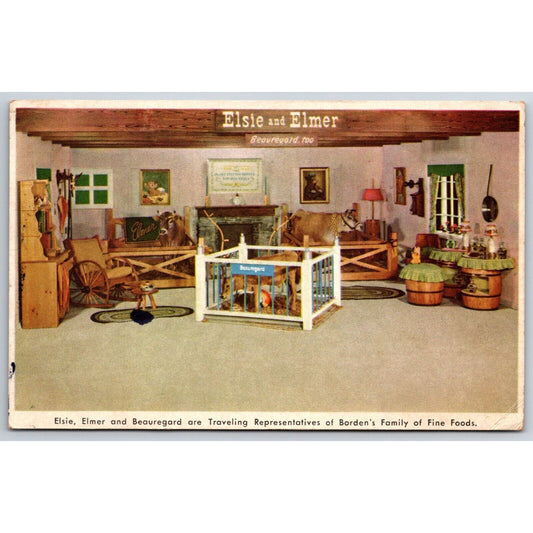 Borden's Elsie, Elmer and Beauregard Living Room Advertising Postcard - VGC