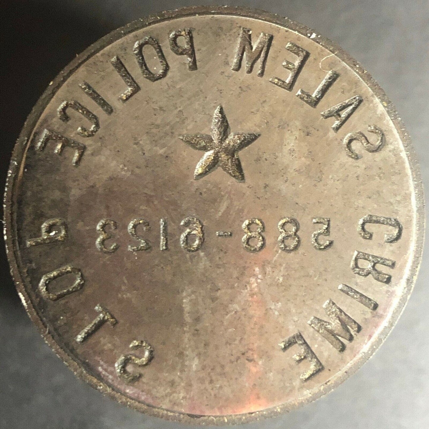 Vintage 35mm Solid Steel Token Die "Salem Police Crime Stop"