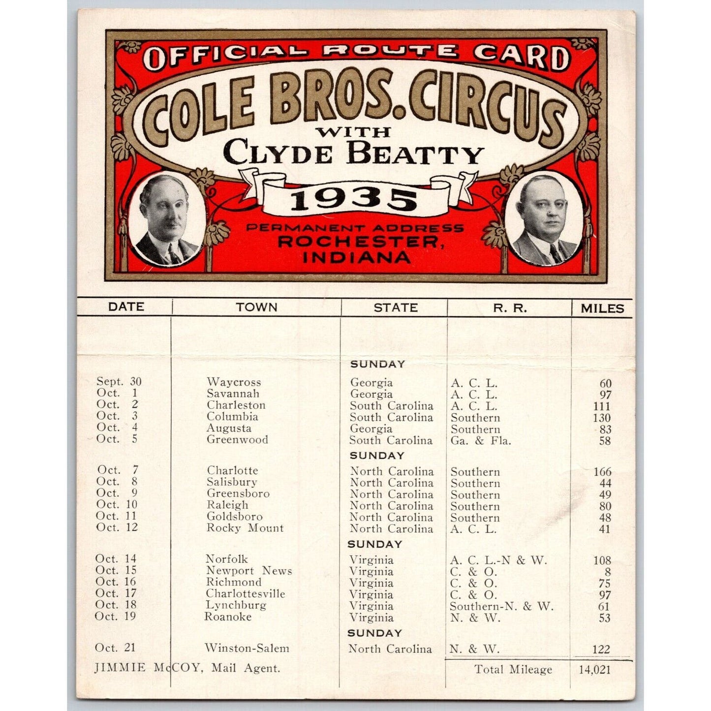 1935 Cole Bros with Clyde Beatty Circus Route Card GA SC NC VA