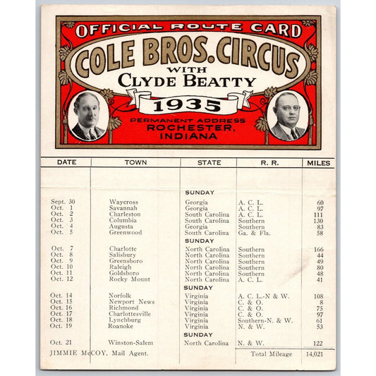 1935 Cole Bros with Clyde Beatty Circus Route Card GA SC NC VA