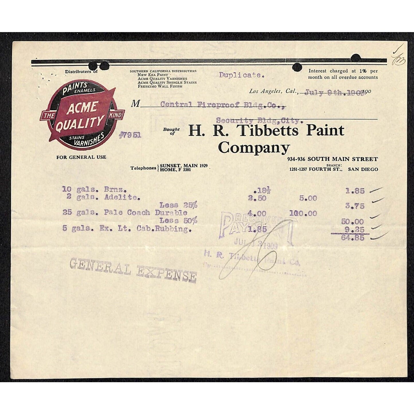 Los Angeles H.R. Tibbetts Paint Co. Acme Stains 1903 Billhead Letterhead Scarce