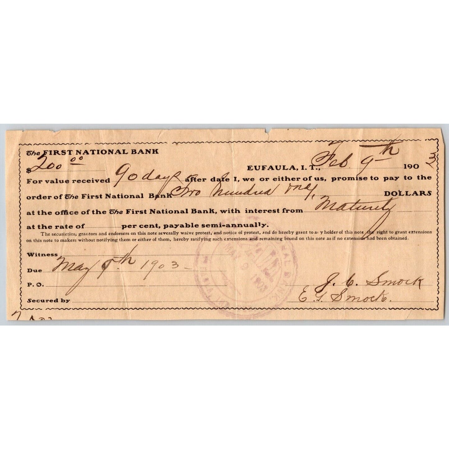 Eufaula Indian Territory Oklahoma 1903 $200 FNB Promissory Note