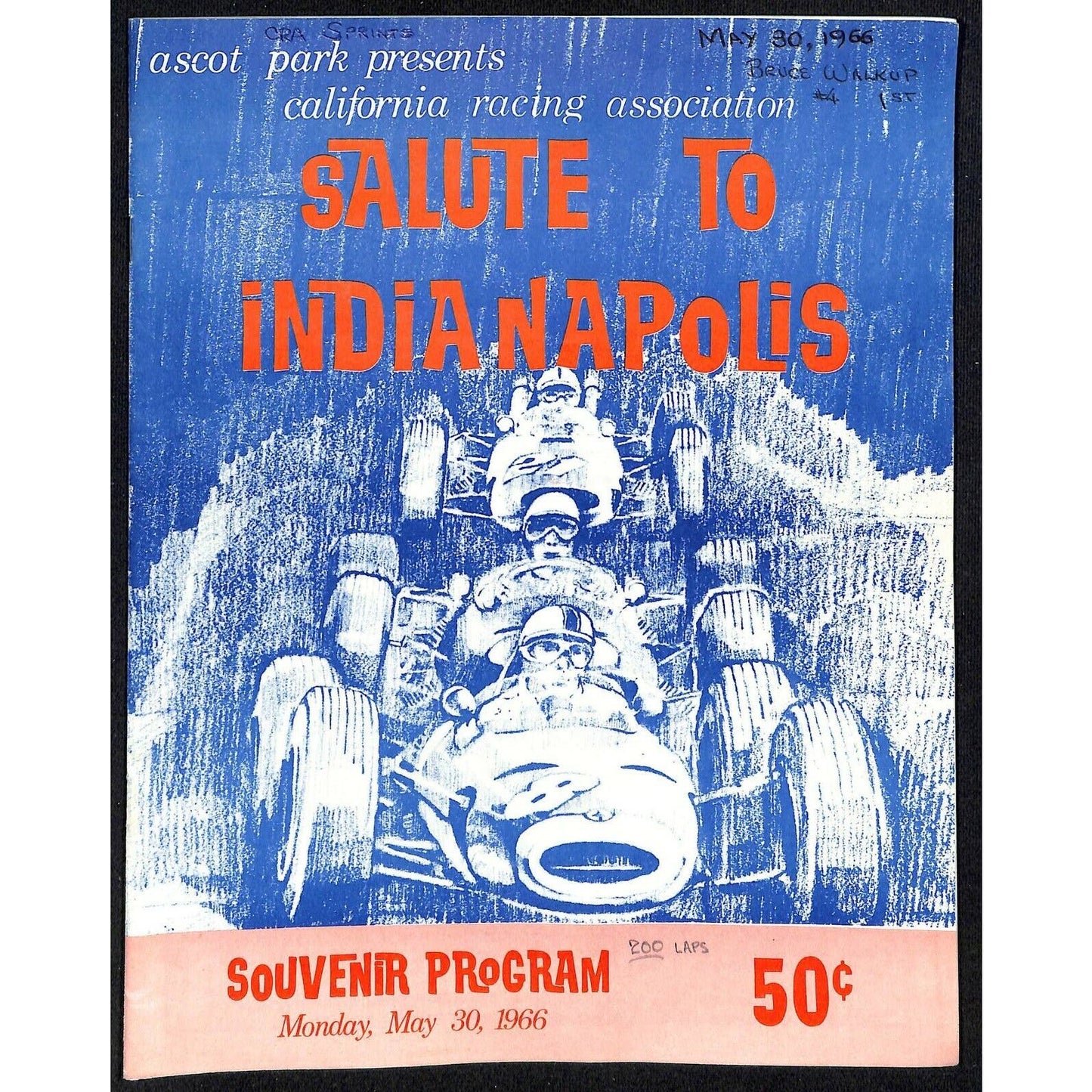 Scarce May 30 1966 CRA Auto Racing Program "Salute To Indianapolis" Ascot Park
