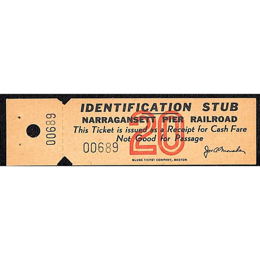 Narraganset Pier Railroad Cash Fare Receipt Identification Stub "20" Scarce