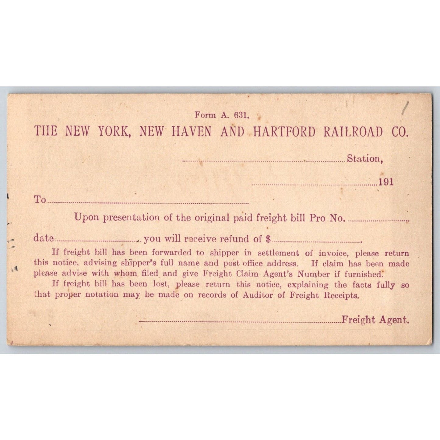 Hew York, New Haven & Hartford Railroad Unused Fright Bill Refund c1910 Postcard