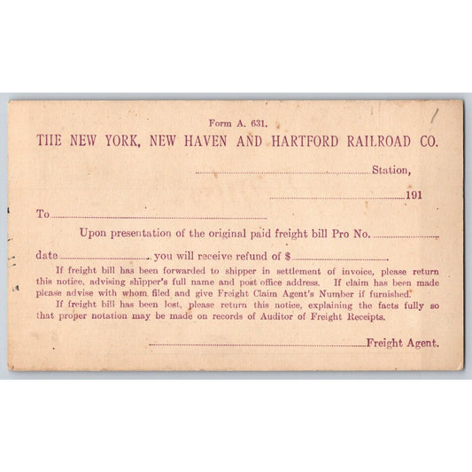 Hew York, New Haven & Hartford Railroad Unused Fright Bill Refund c1910 Postcard