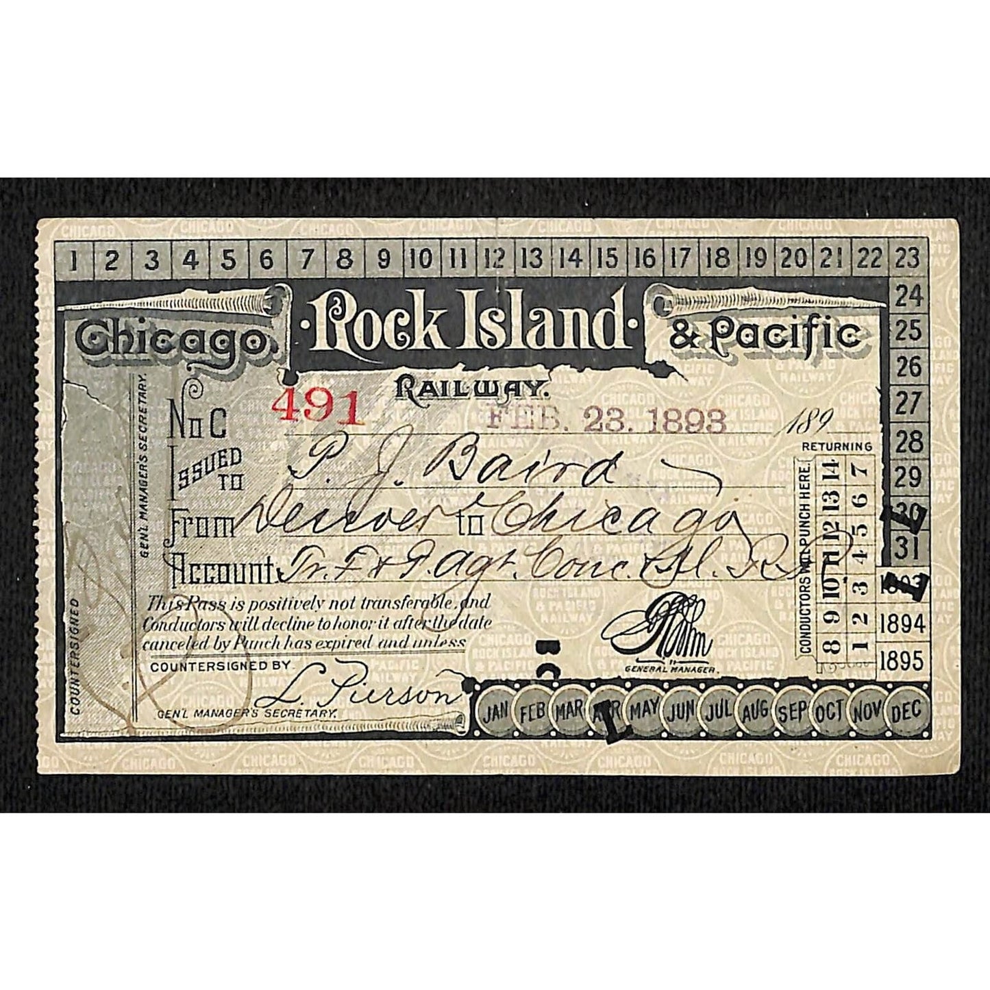 Chicago, Rock Island & Pacific Railway 1893 From Denver P.J. Baird* Ticket