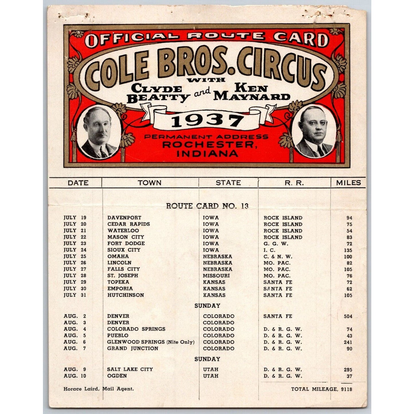 1937 Cole Bros with Clyde Beatty Ken Maynard Circus Route Card IA NE KS CO UT