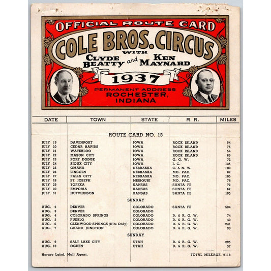 1937 Cole Bros with Clyde Beatty Ken Maynard Circus Route Card IA NE KS CO UT