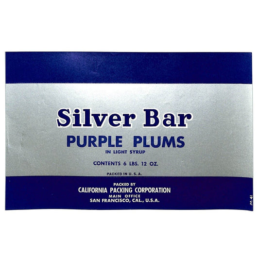 1949 Paper Can Label Silver Bar Brand Purple Plums - California Packing