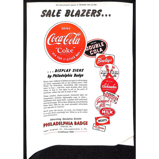 c1945-55 Philadelphia Badge Co Coca-Cola "Sale Blazer" Pinback Button Flyer Adv.