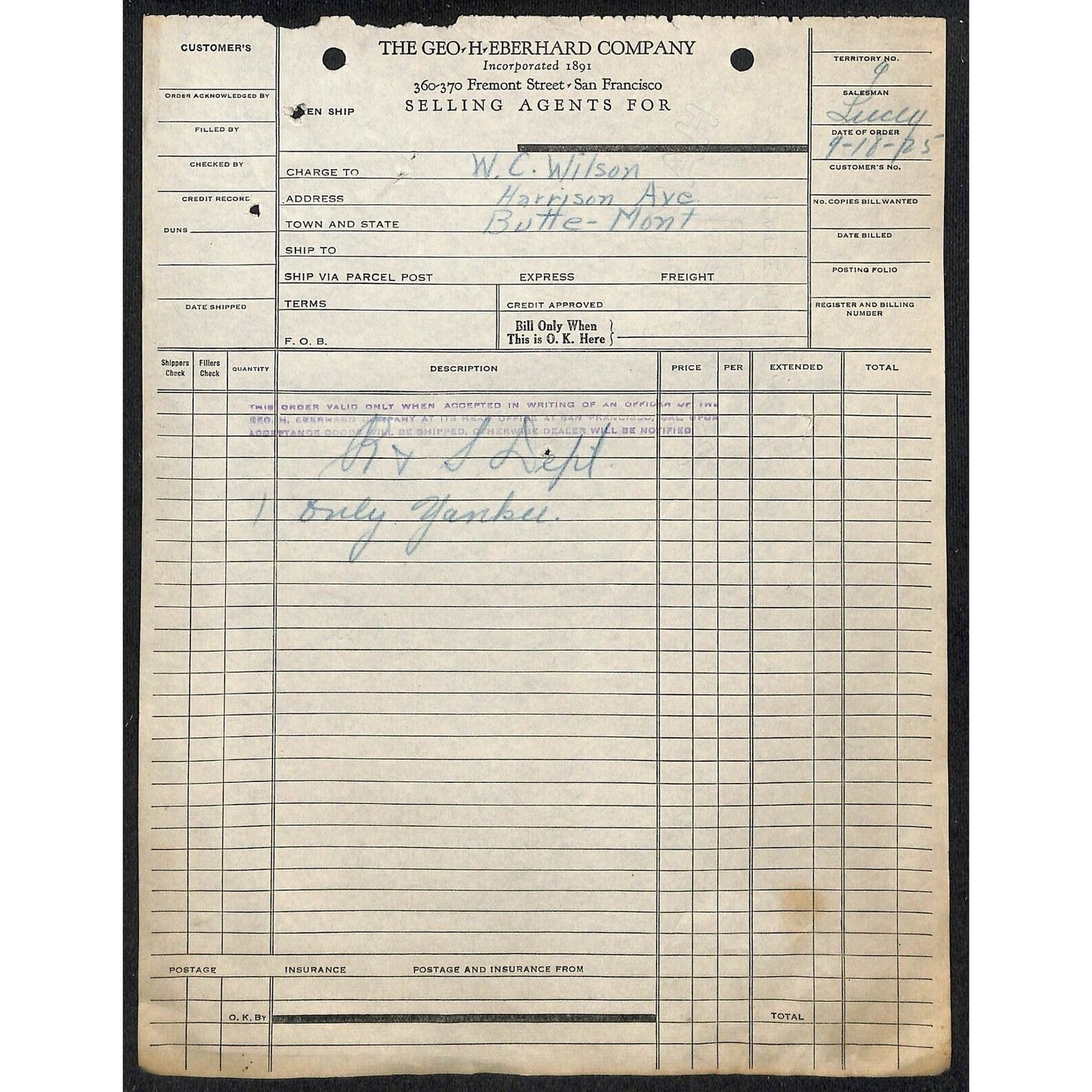 Geo H, Eberhard Butte Montana 1925 Billhead Letterhead - Wilson Drug