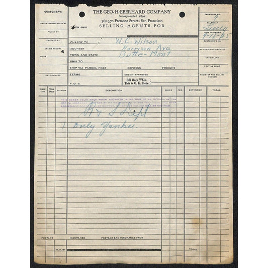 Geo H, Eberhard Butte Montana 1925 Billhead Letterhead - Wilson Drug