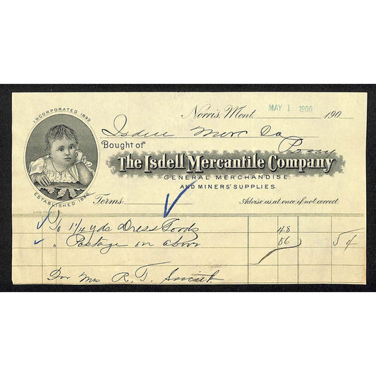 Norris, MT 1900 Isdell Mercantile Co. Miner's Supplies Billhead Baby Portrait